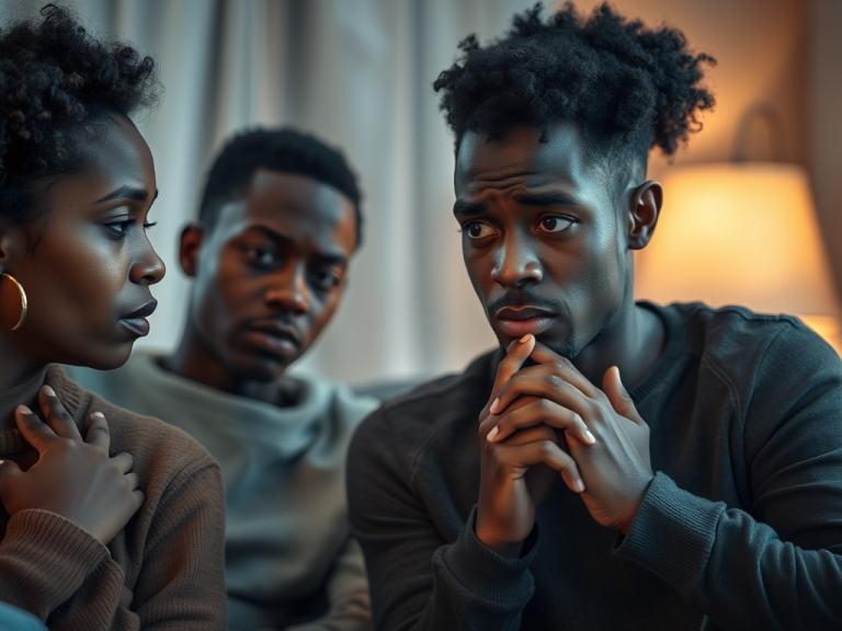 A family sitting together in a dimly lit room, deep in a difficult conversation