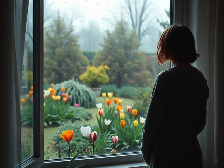 A woman looking out of a rain-streaked window at a spring garden in bloom