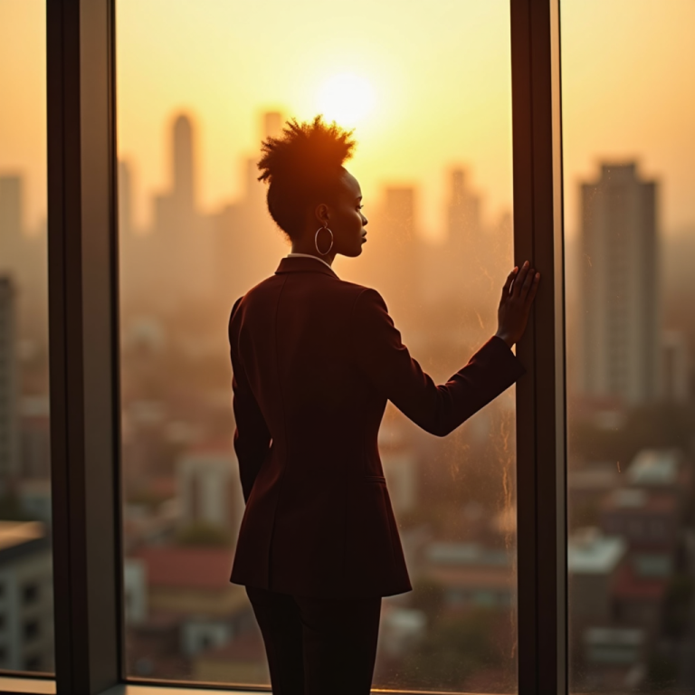 A woman in a suit stands at a window looking out over a city at sunset